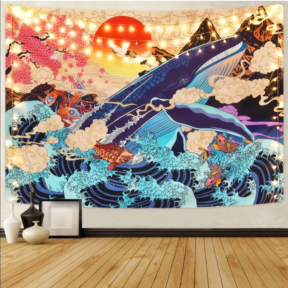 Japanese Trippy Sea Wave Whale Sunset Tapestry
